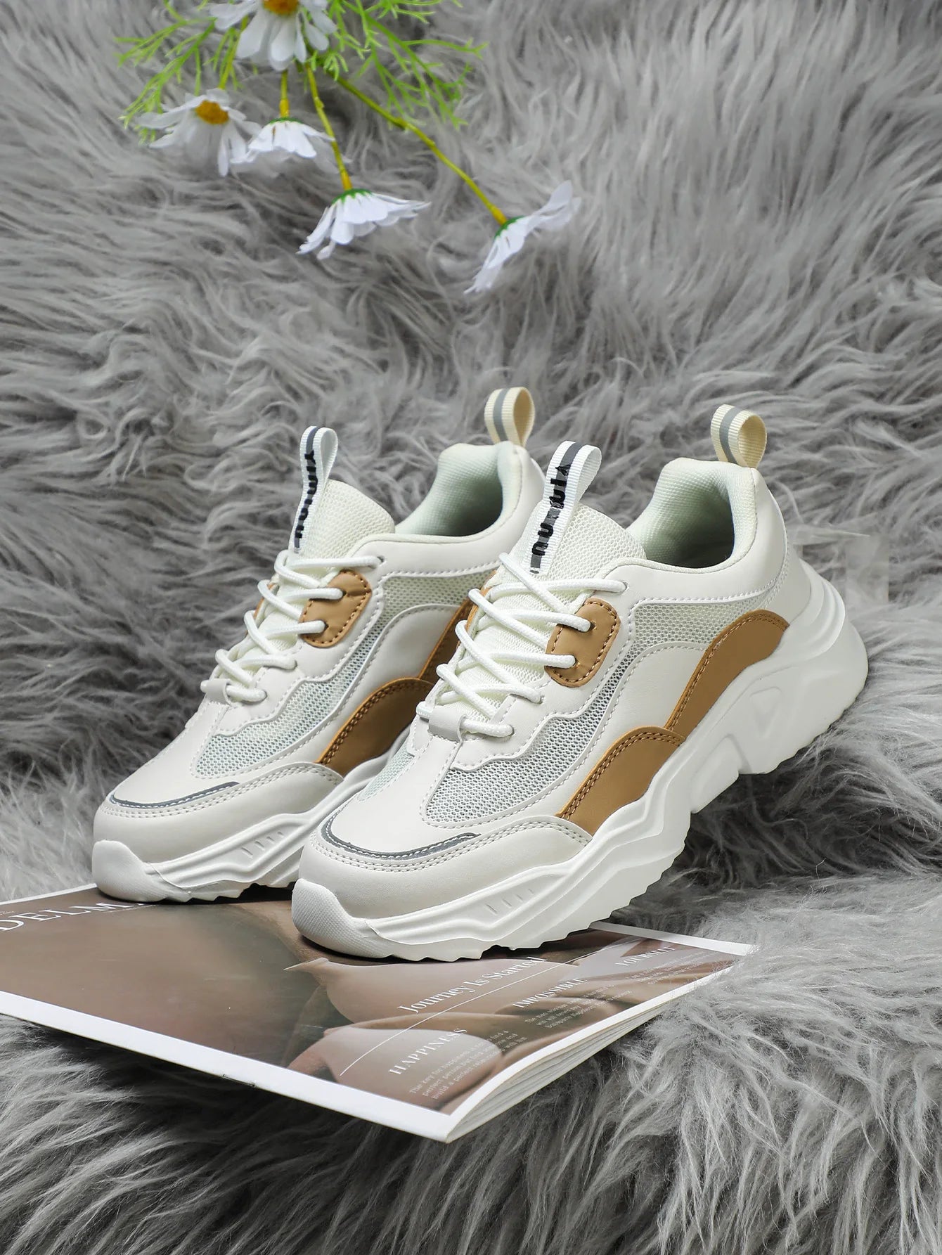 Chunky Sneakers Men Mesh Leather Platform Shoes Mixed Colors Lace-Up Lady Trendy Trainers Thick Sole