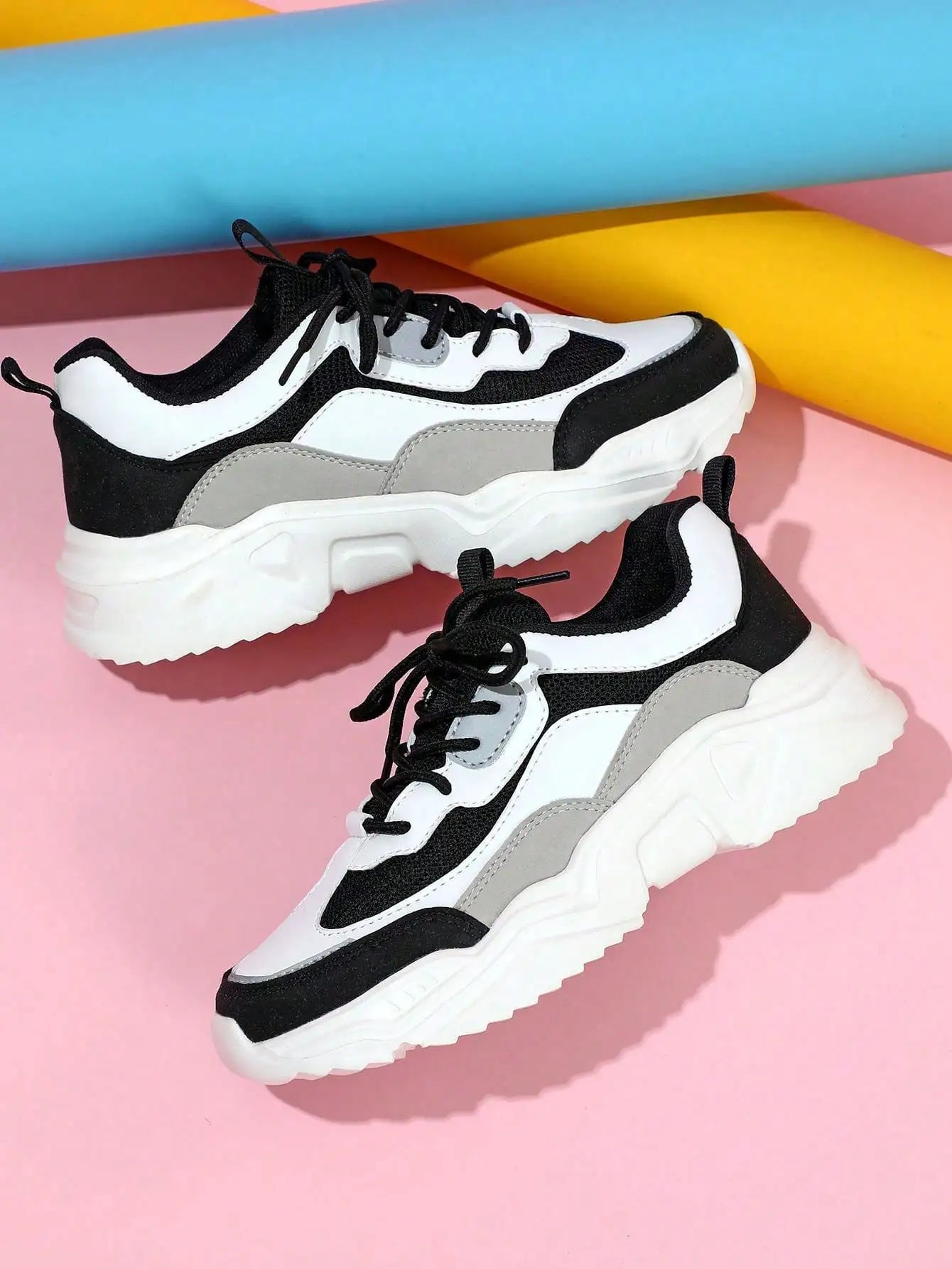 Chunky Sneakers Men Mesh Leather Platform Shoes Mixed Colors Lace-Up Lady Trendy Trainers Thick Sole