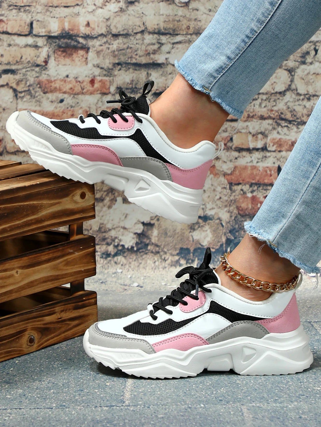 Chunky Sneakers Men Mesh Leather Platform Shoes Mixed Colors Lace-Up Lady Trendy Trainers Thick Sole