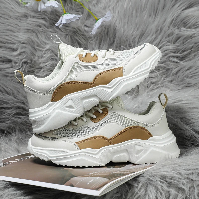 Chunky Sneakers Men Mesh Leather Platform Shoes Mixed Colors Lace-Up Lady Trendy Trainers Thick Sole