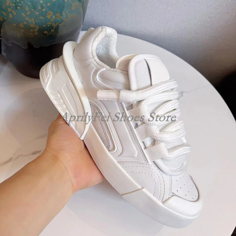 Unisex Round Toe Genuine Leather Sneakers Mixed Colors Mens Flat Breathable Lace Up Casual Shoes Spring Male Sneakers 35-46