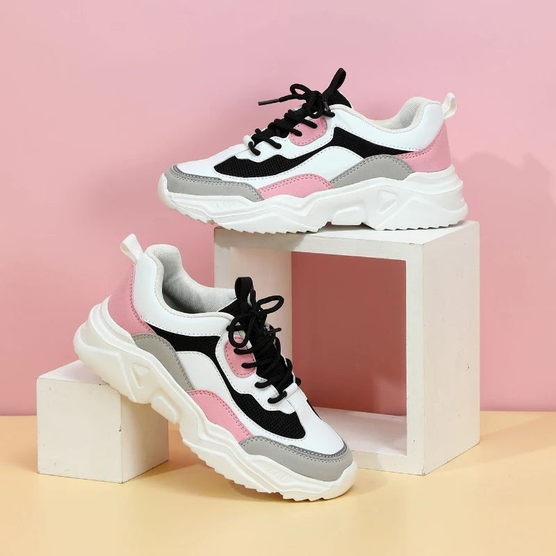Chunky Sneakers Men Mesh Leather Platform Shoes Mixed Colors Lace-Up Lady Trendy Trainers Thick Sole