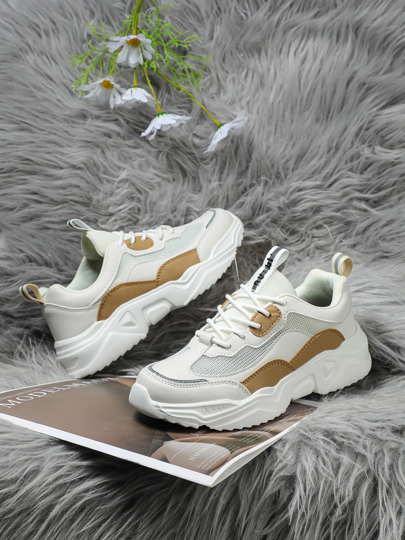 Chunky Sneakers Men Mesh Leather Platform Shoes Mixed Colors Lace-Up Lady Trendy Trainers Thick Sole