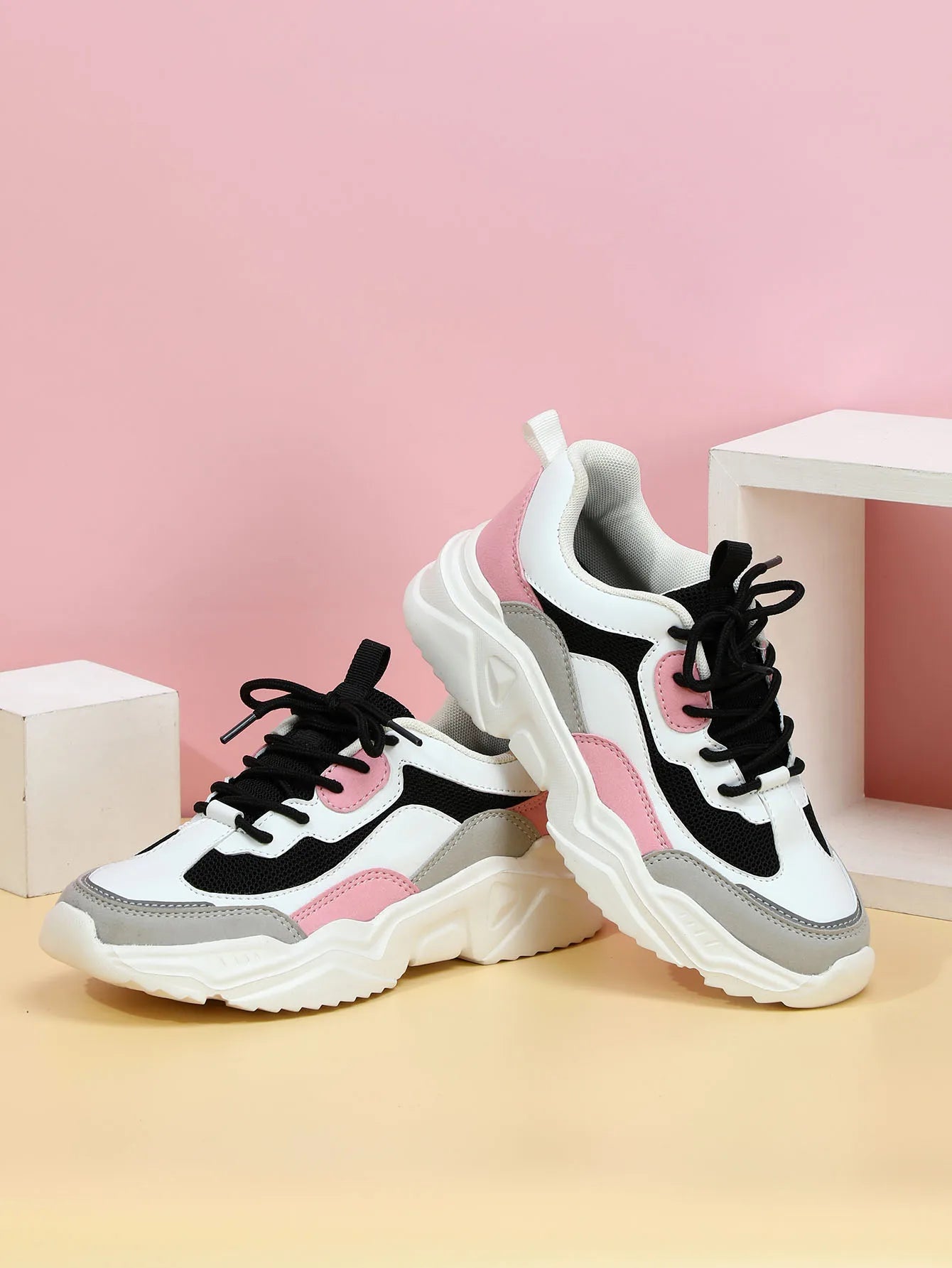 Chunky Sneakers Men Mesh Leather Platform Shoes Mixed Colors Lace-Up Lady Trendy Trainers Thick Sole