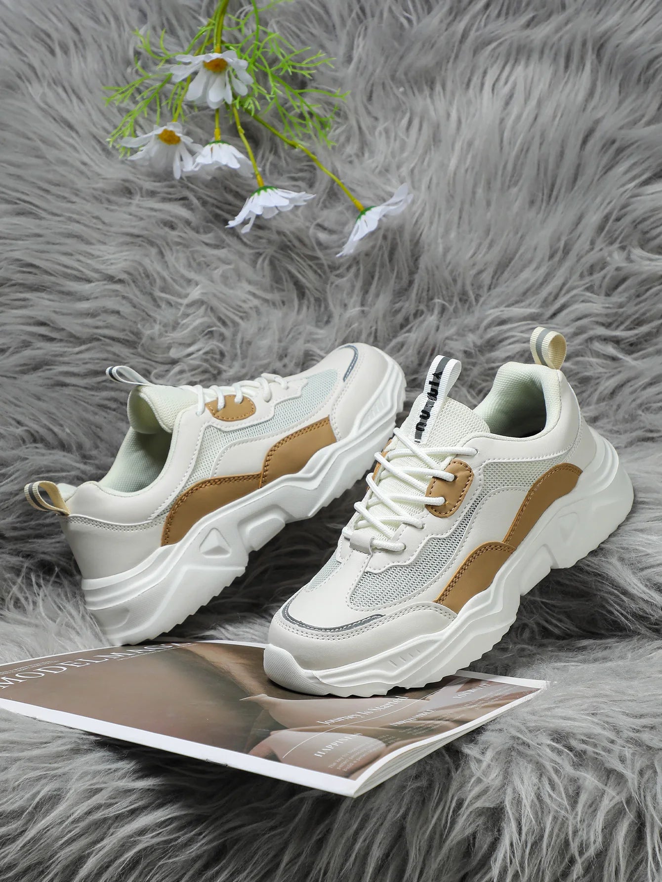 Chunky Sneakers Men Mesh Leather Platform Shoes Mixed Colors Lace-Up Lady Trendy Trainers Thick Sole