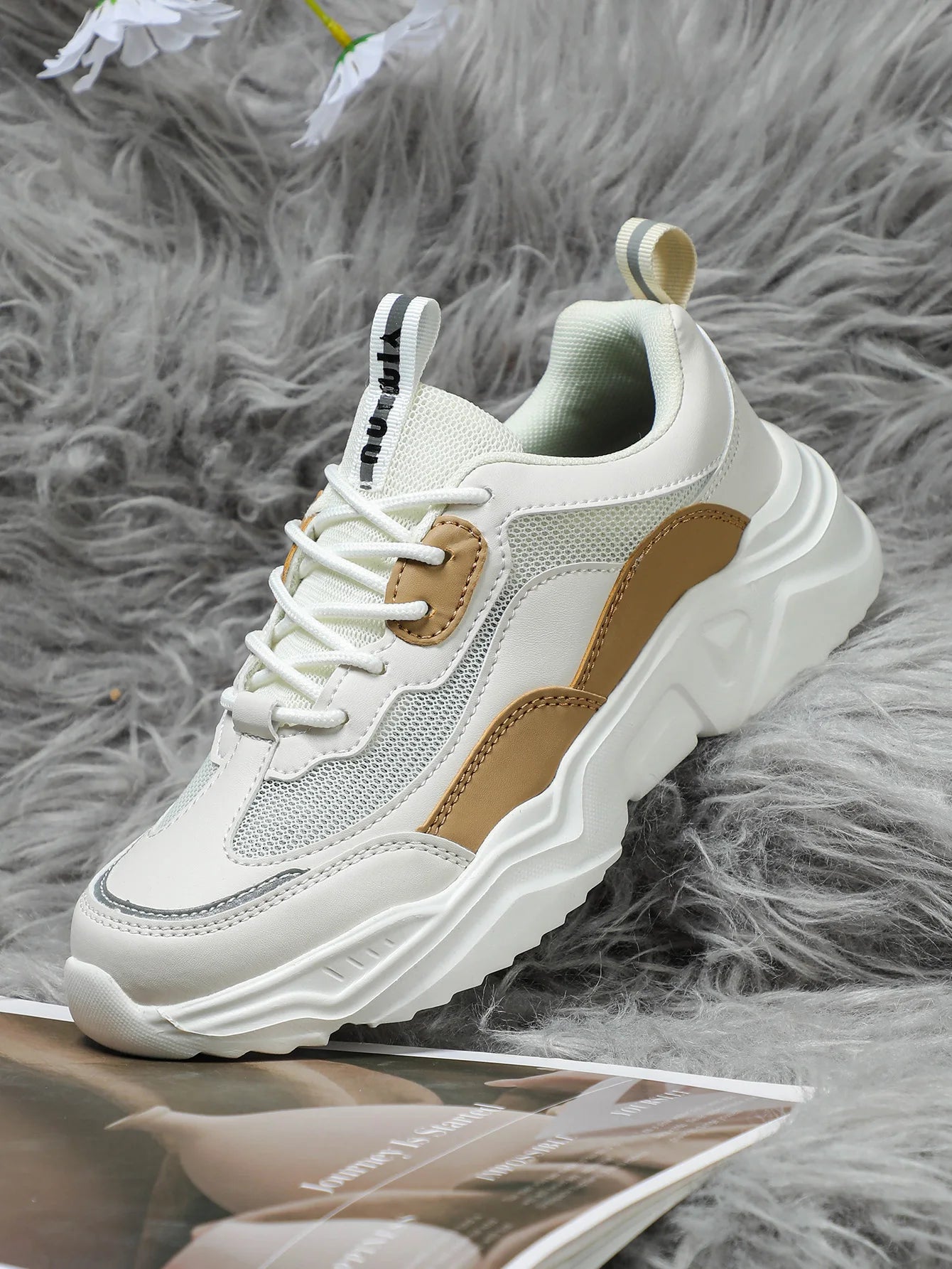 Chunky Sneakers Men Mesh Leather Platform Shoes Mixed Colors Lace-Up Lady Trendy Trainers Thick Sole