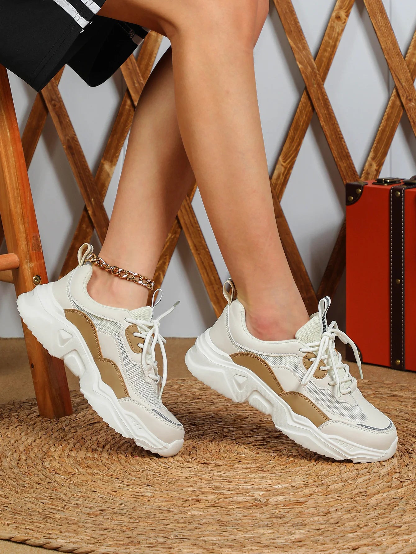 Chunky Sneakers Men Mesh Leather Platform Shoes Mixed Colors Lace-Up Lady Trendy Trainers Thick Sole