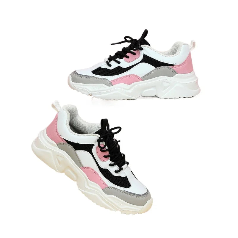 Chunky Sneakers Men Mesh Leather Platform Shoes Mixed Colors Lace-Up Lady Trendy Trainers Thick Sole