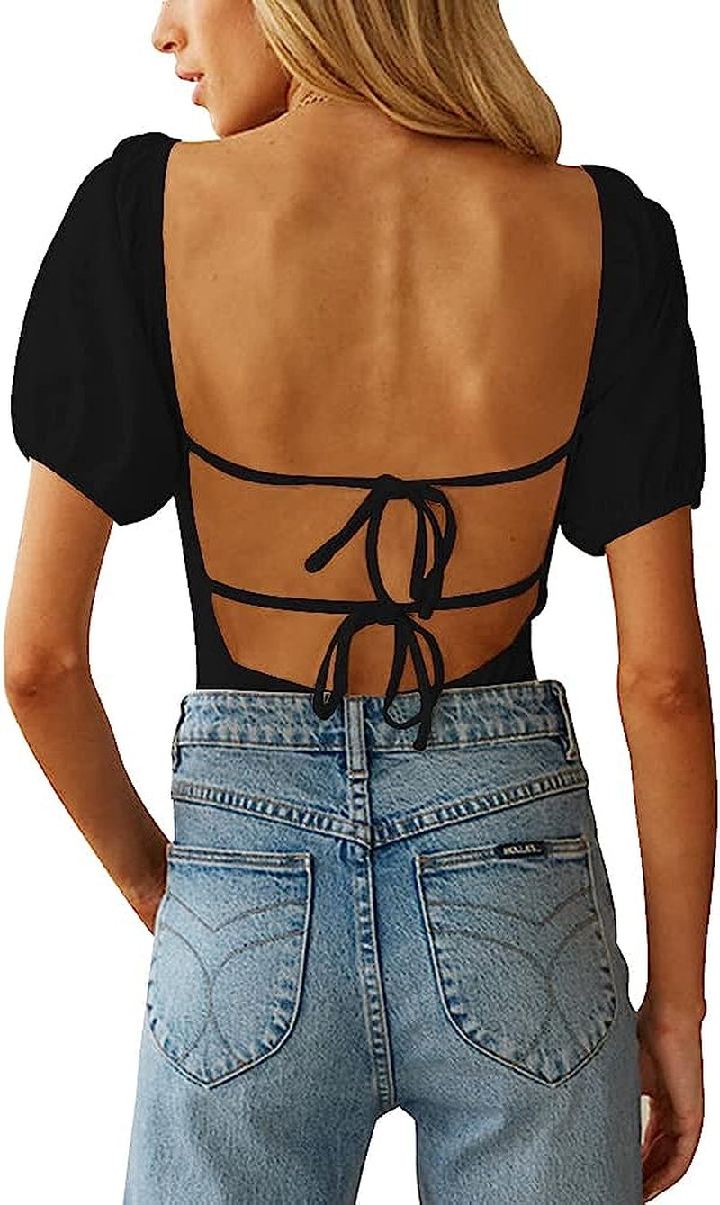 Oten Women'S Sexy Backless Puff Sleeve Square Neck Tie Back Bodysuit Tops
