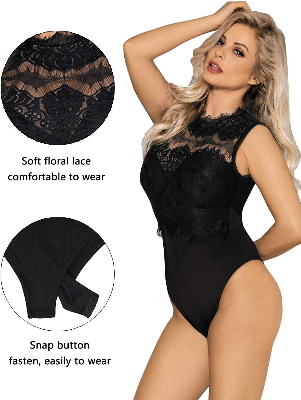 Women Floral Lace Sheer Sleeveless High Neck Bodysuit Leotard Clubwear Tops