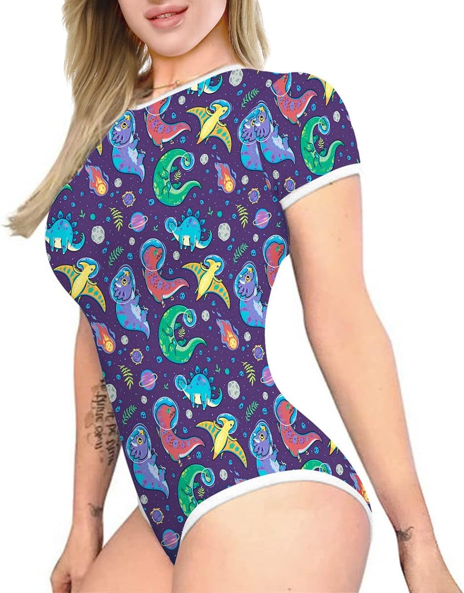 Women'S Short Sleeve Romper Pajamas Bodysuit Cute One Piece Sleepwear Bodycon Jumpsuit Nightwear