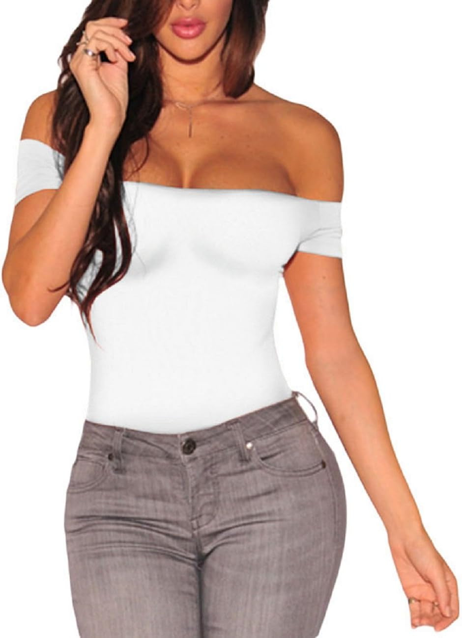 Women'S Sexy off Shoulder Short Sleeve Bodycon Bodysuit Leotard Jumpsuit Tops
