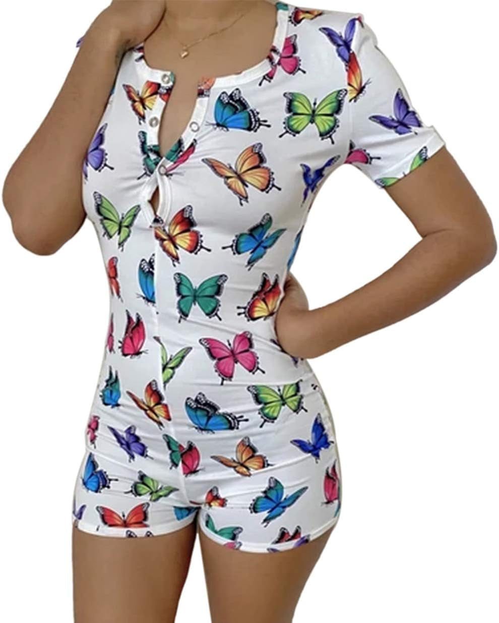 Women V Neck Shorts Romper One Piece Floral Bodycon Jumpsuit Pajama Short Sleeve Bodysuit Overall Workout Home Wear