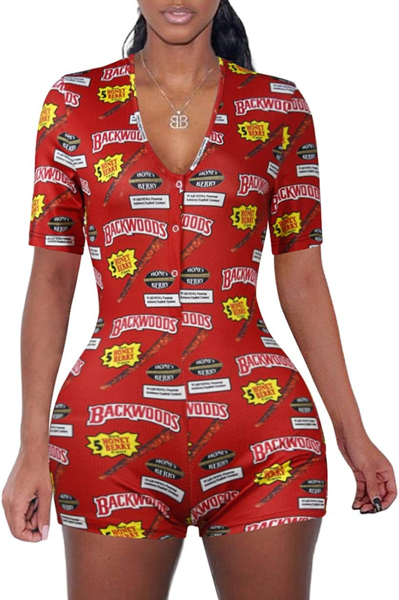 Women V Neck Shorts Romper One Piece Floral Bodycon Jumpsuit Pajama Short Sleeve Bodysuit Overall Workout Home Wear