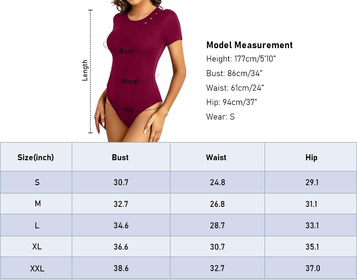 Womens Short Sleeve Tops Crewneck Tshirt Bodysuit Jumpsuit(Wine Red,M)