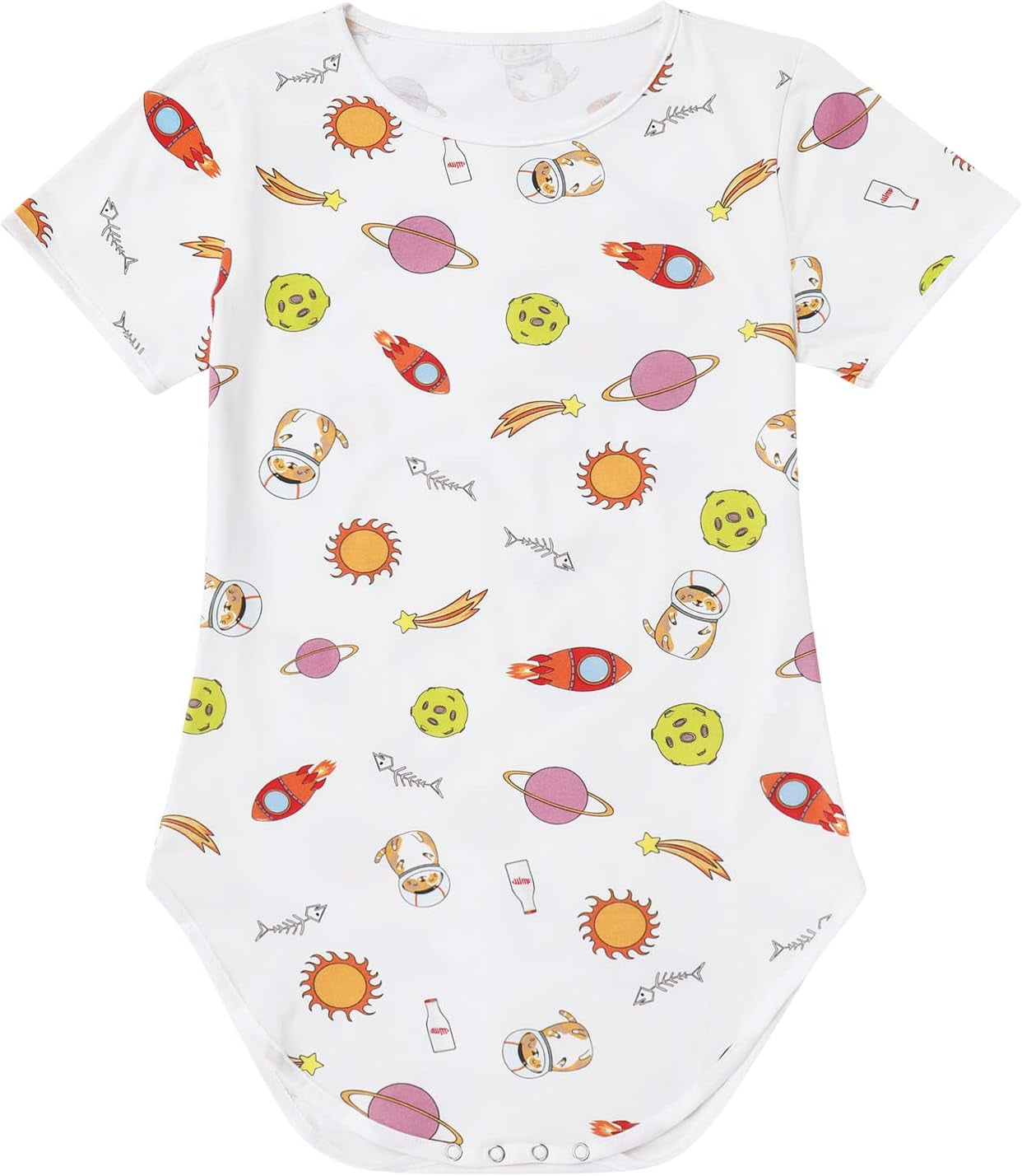 Women'S Short Sleeve Crew Neck Romper Bodysuit One Piece Pajamas Sleepwear Universe Rocket Planet Sun Cat Print Bodycon Teddy Jumpsuit Nightwear Orange - Rocket Medium