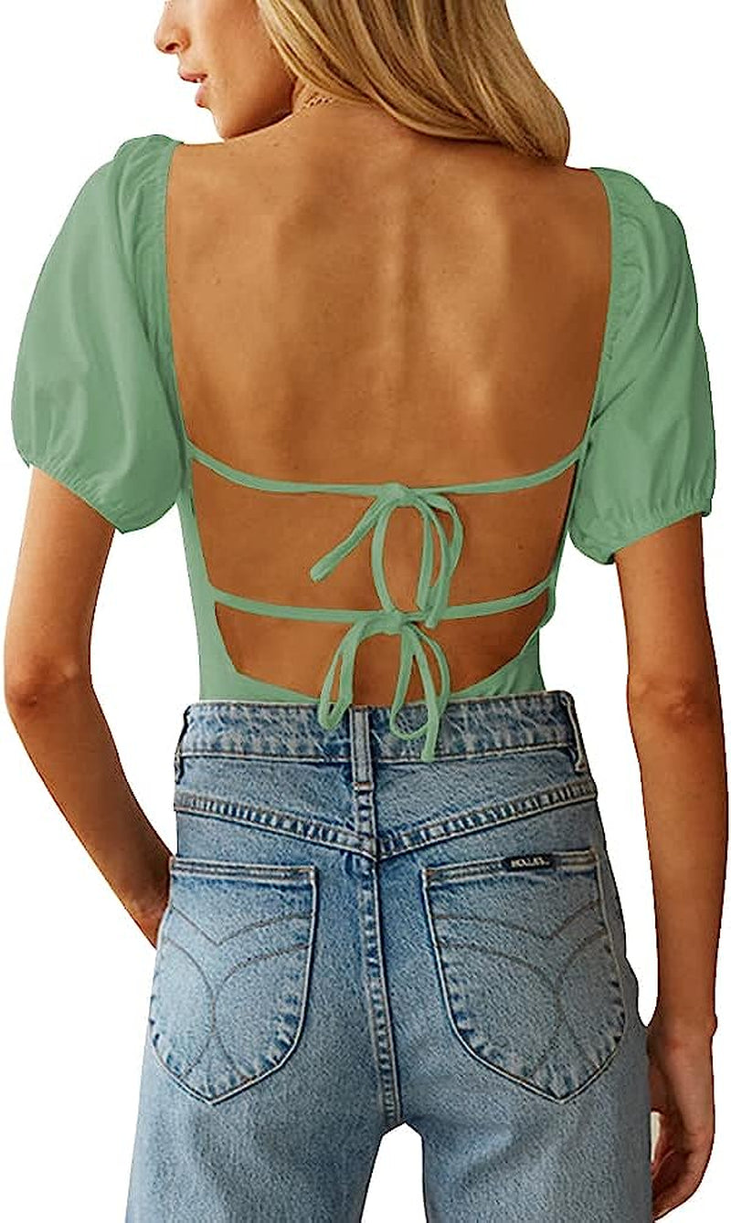 Oten Women'S Sexy Backless Puff Sleeve Square Neck Tie Back Bodysuit Tops