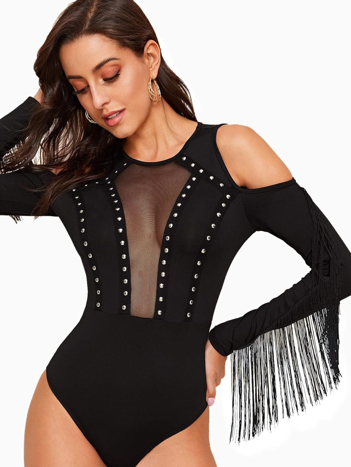 Women'S Cold Shoulder Fringe Long Sleeve Sheer Mesh Jumpsuit Bodysuit